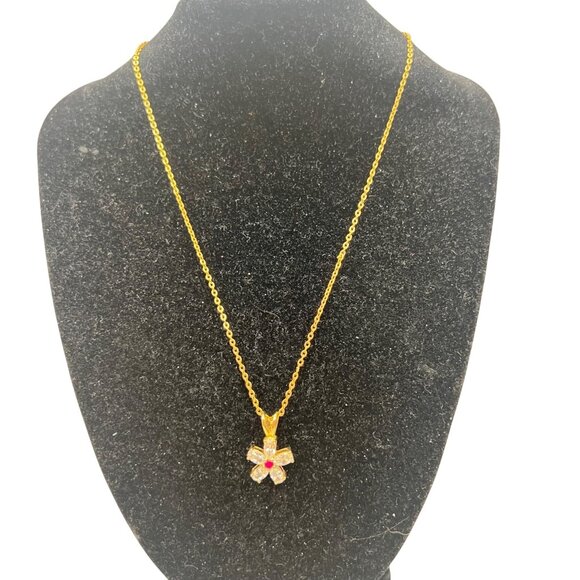 Continental Chain Inc Jewelry - Gold Flower Pendant Necklace Clear CZ Petals Faux Ruby 17" Chain Marked JC & CCI